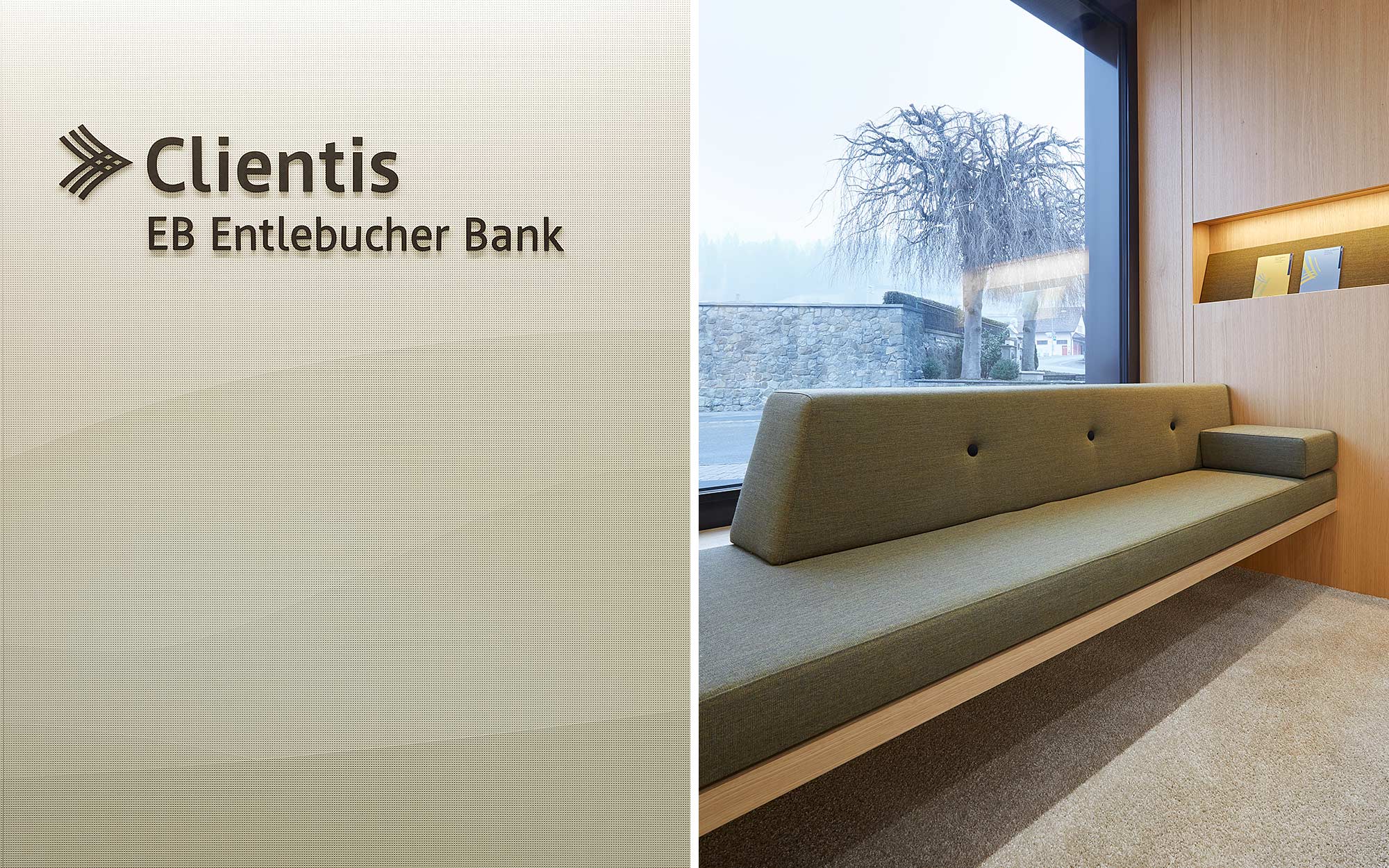 Akustikwand in grafischem Hügeldesign mit warmen Grüntönen. Wartezone in der Bank vor einer grossen Fensterfront.