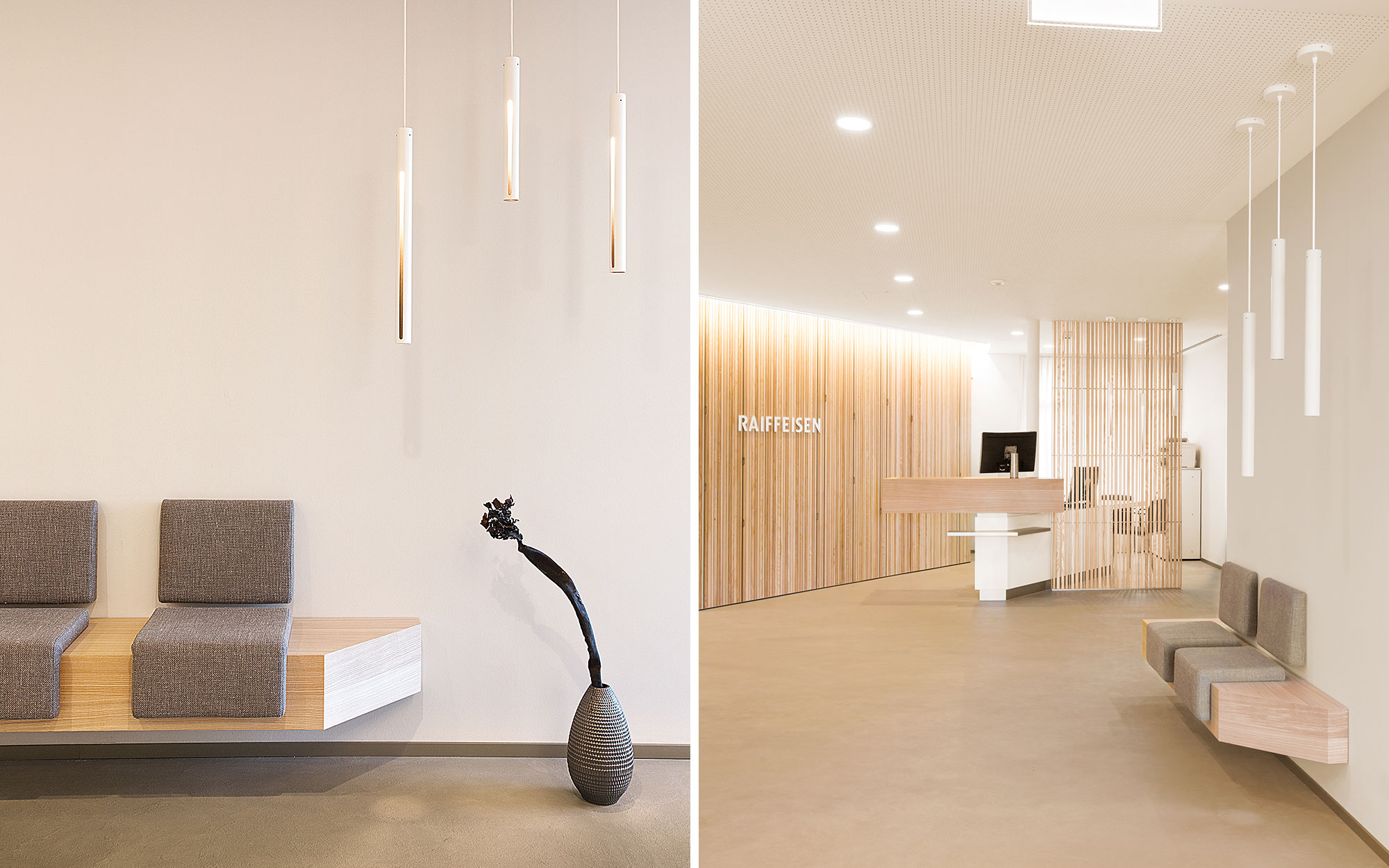 In die Wartezone in der Bank wurden weisse Hängeleuchten integriert.