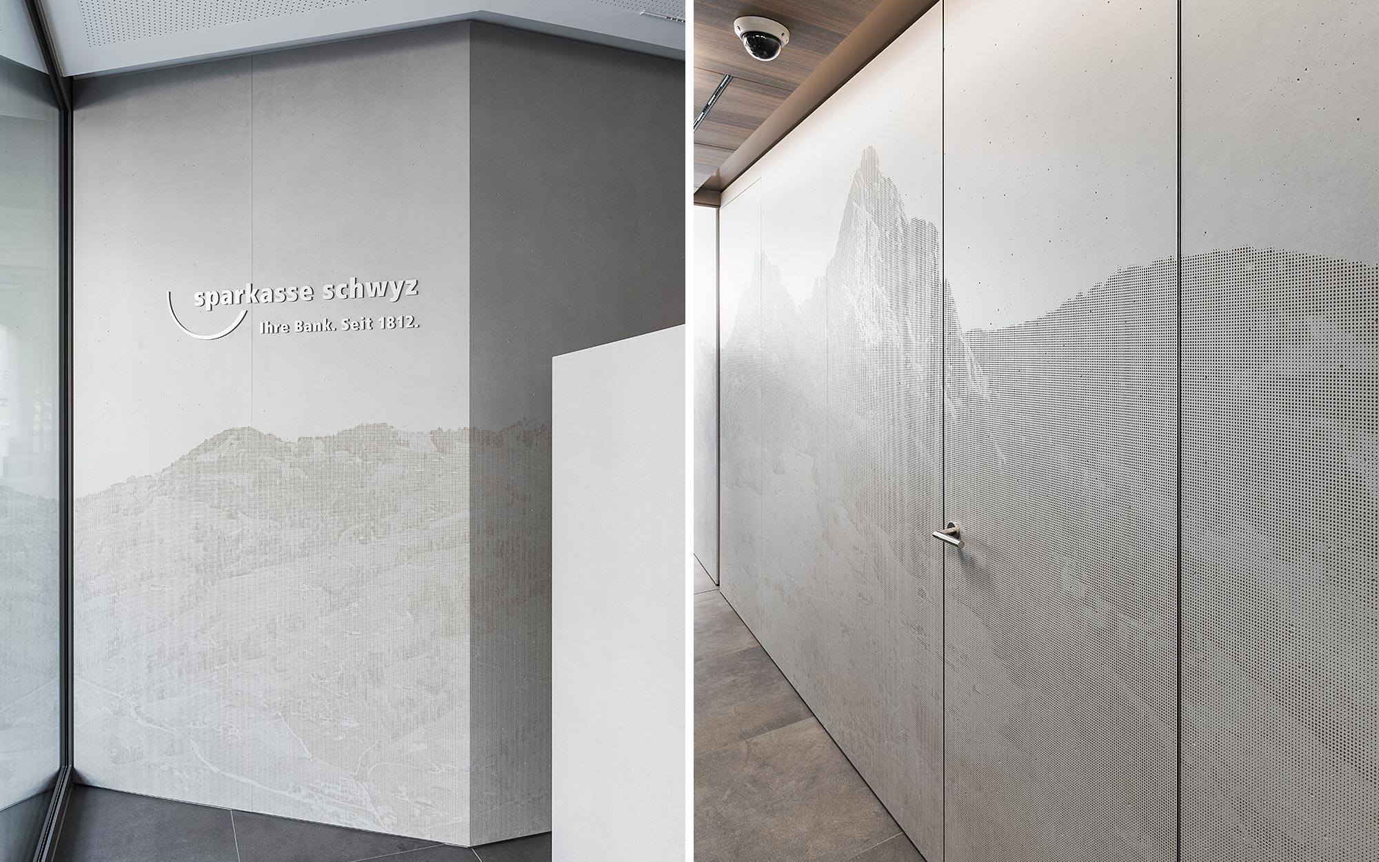 Bergmotiv wurde in graue raumhohe Betonwand gelasert.